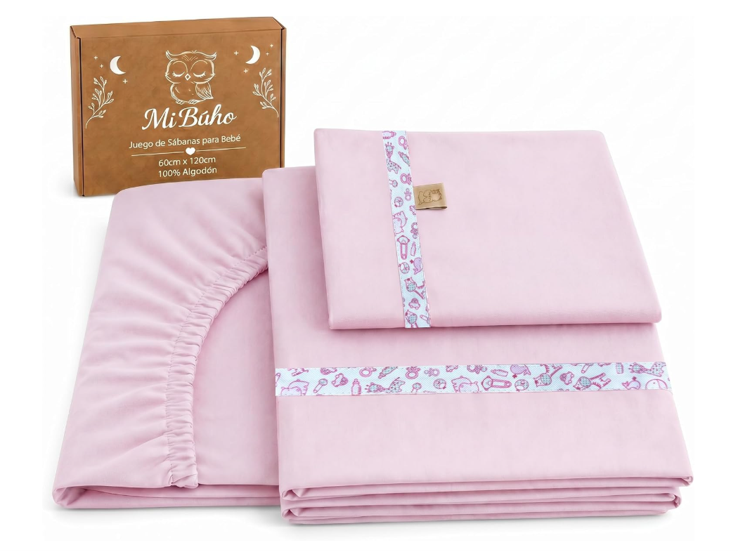 Juego de sábanas de cuna Mi Búho, color rosa empolvado, con su caja